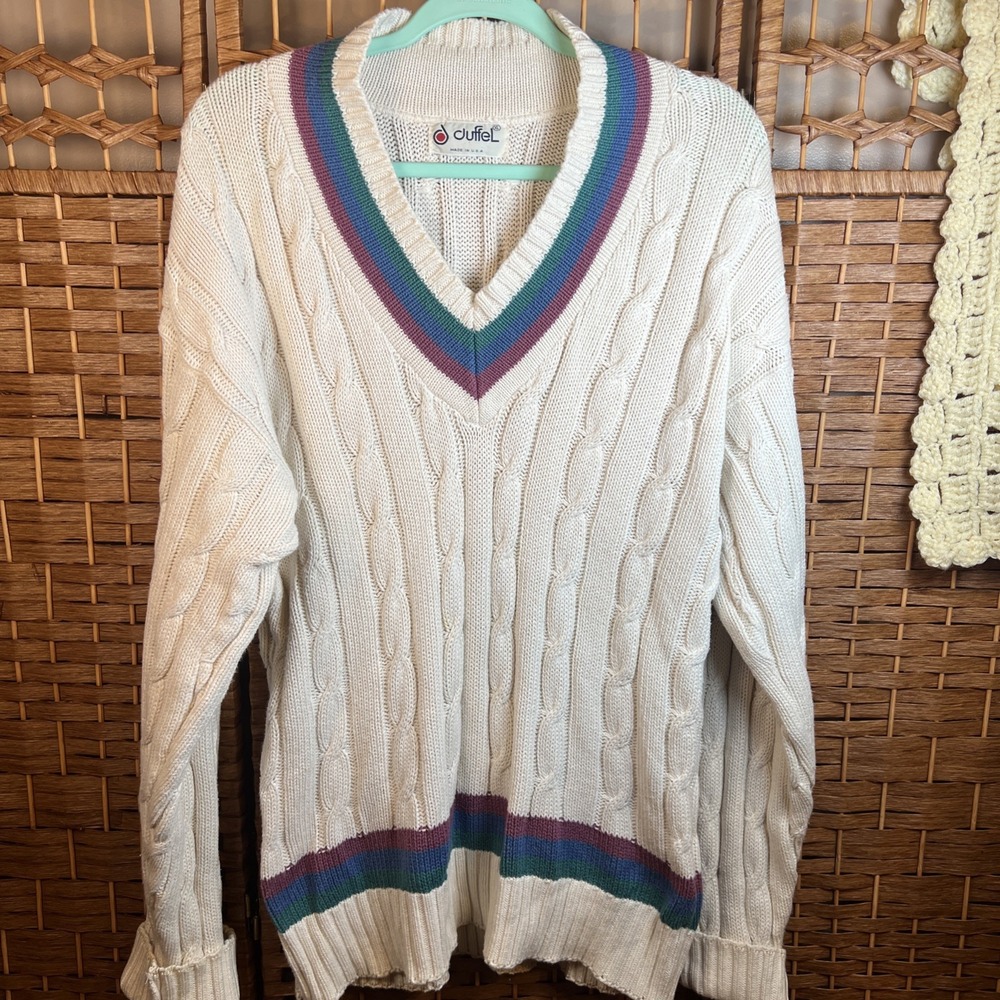 Vintage Duffel Cable Knit Sweater V-Neck Pullover Sz XL  Tennis Prep Academia90s